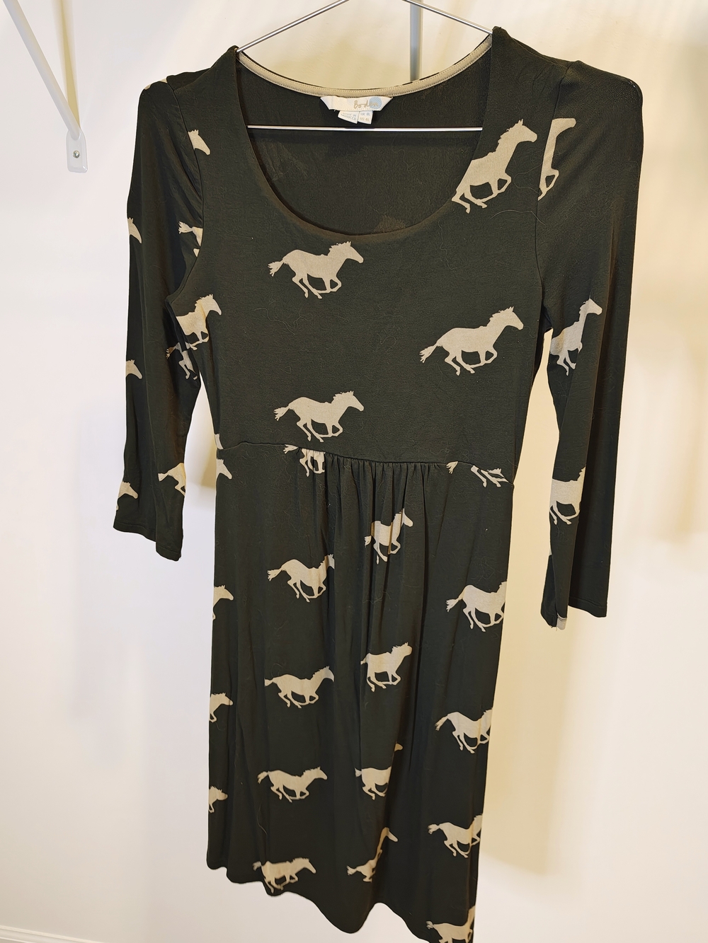 Boden Phoebe Jersey Dress Horse Print US 4 Dark Olive Beige Empire Waist